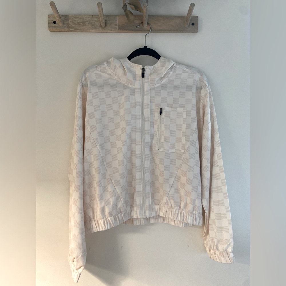 Hurley Cream and Tan Checkerboard Print Hooded Crop Zip Up Jacket - Size Large